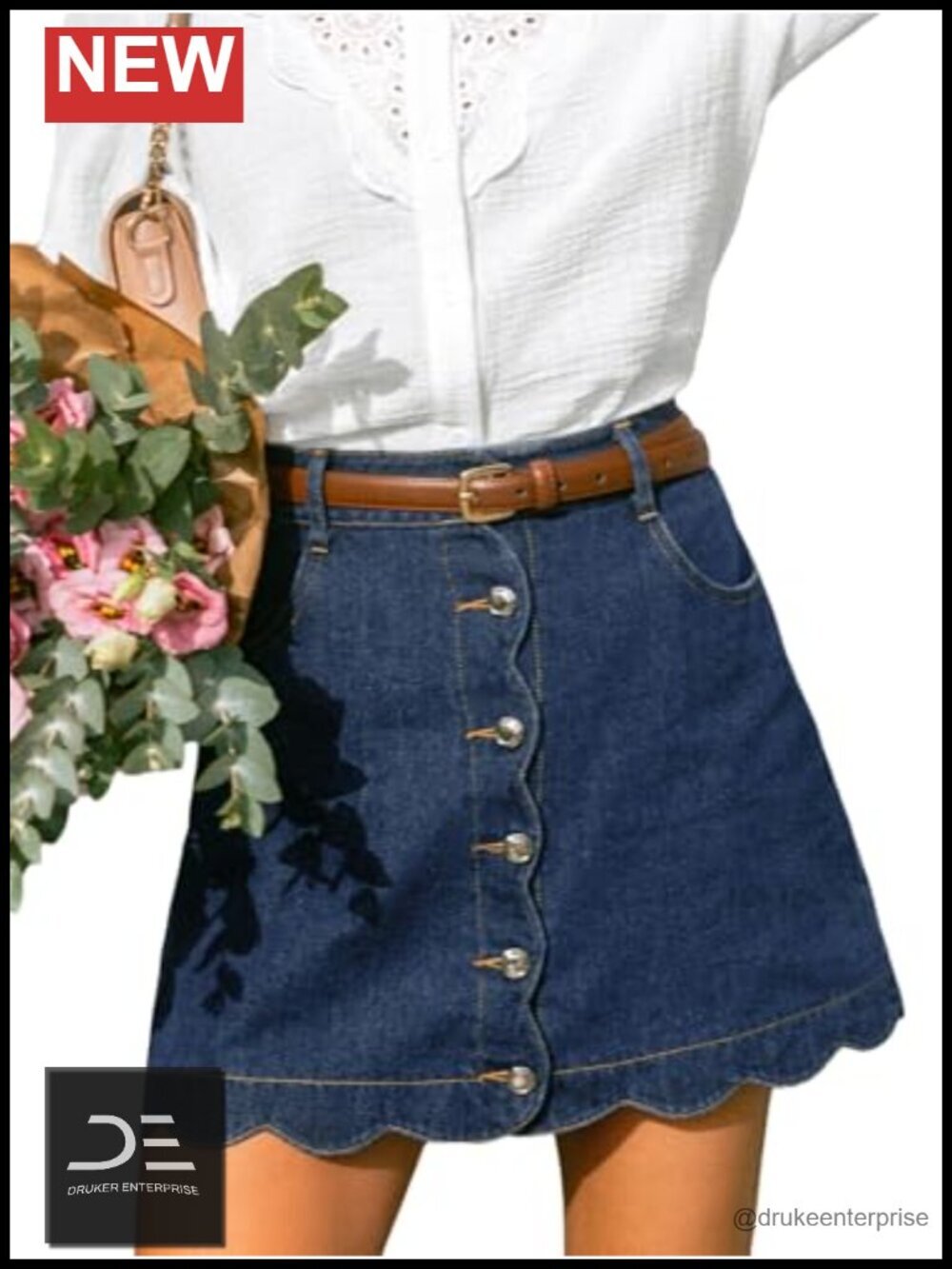 High Rise Denim A-Line Mini Skirt Button Front Scalloped Hem Pockets